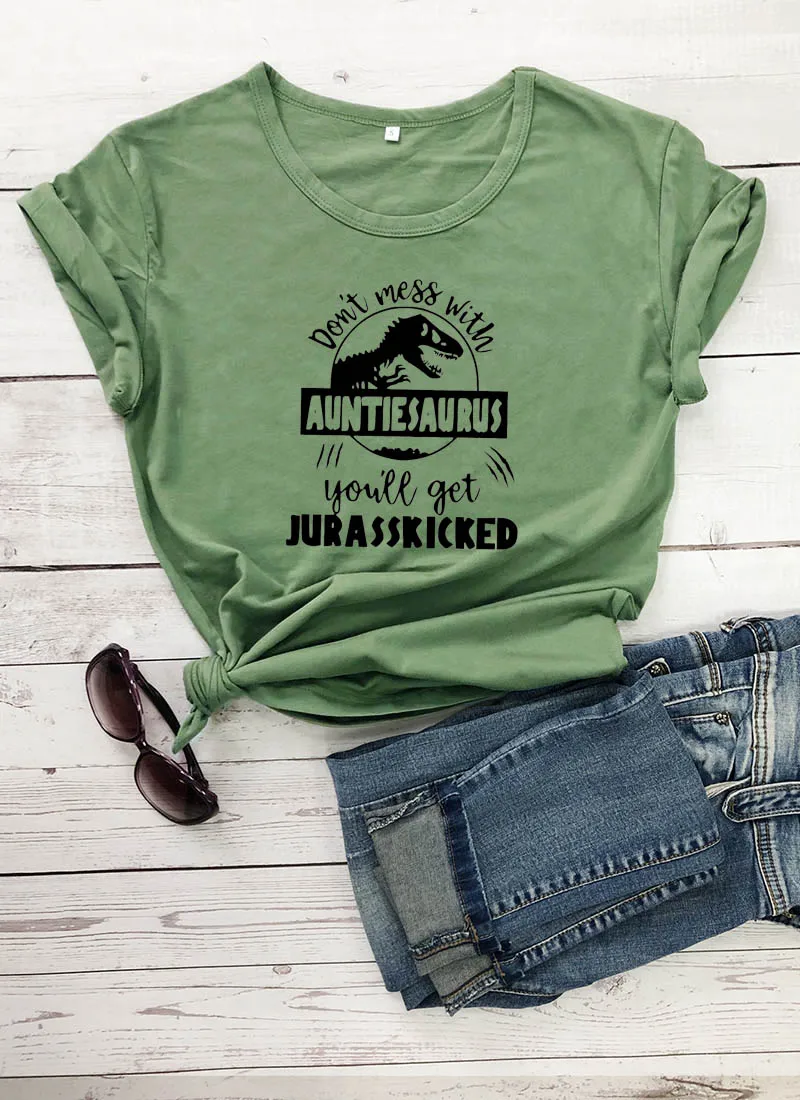 olive-black text Не связывайтесь с AuntieSaurus Новое поступление графическая женская летняя забавная футболка из хлопка Auntie рубашка подарок для тети лучшая тётя когда-либо - Цвет: olive-black text