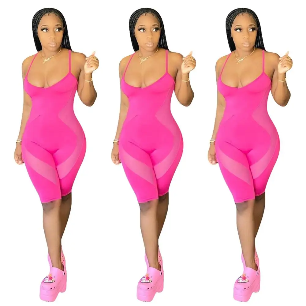 

2020 Europe new sexy solid color sports one-piece pants fashion slim U-neck women's suspender vest shorts