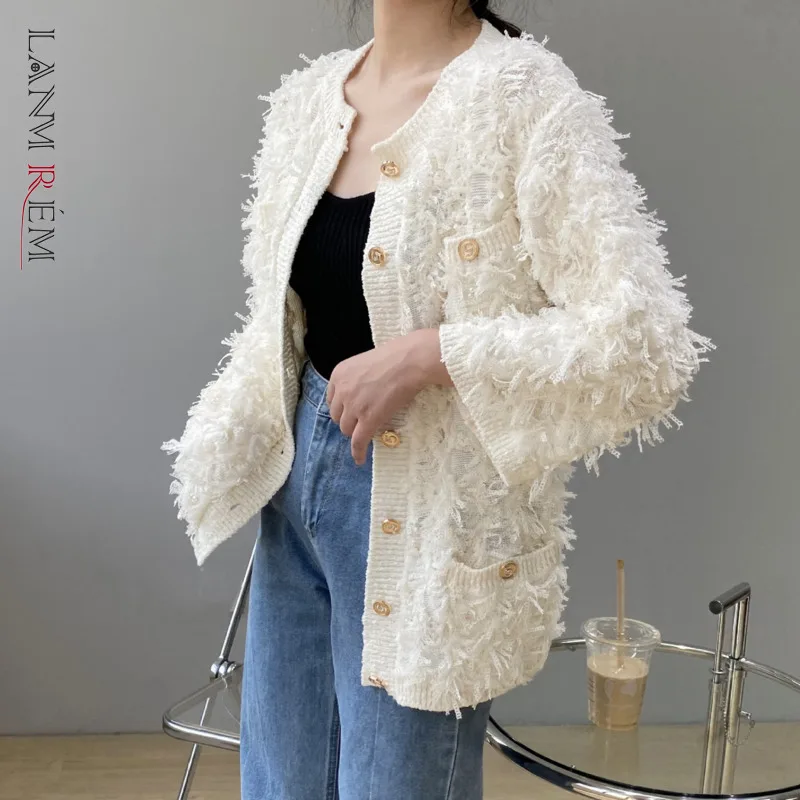 

LANMREM 2021 осень зима новый вязаный кардиган пальто для женщин Круглый вырез длинный рукав темпераментный Топ Женская мода 2W040