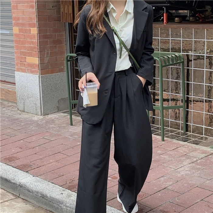 HziriP Autumn All Match Office Lady OL Style Solid Elegant Blazer+Straight Casual Loose Trouser Women Suits 2 Piece Sets