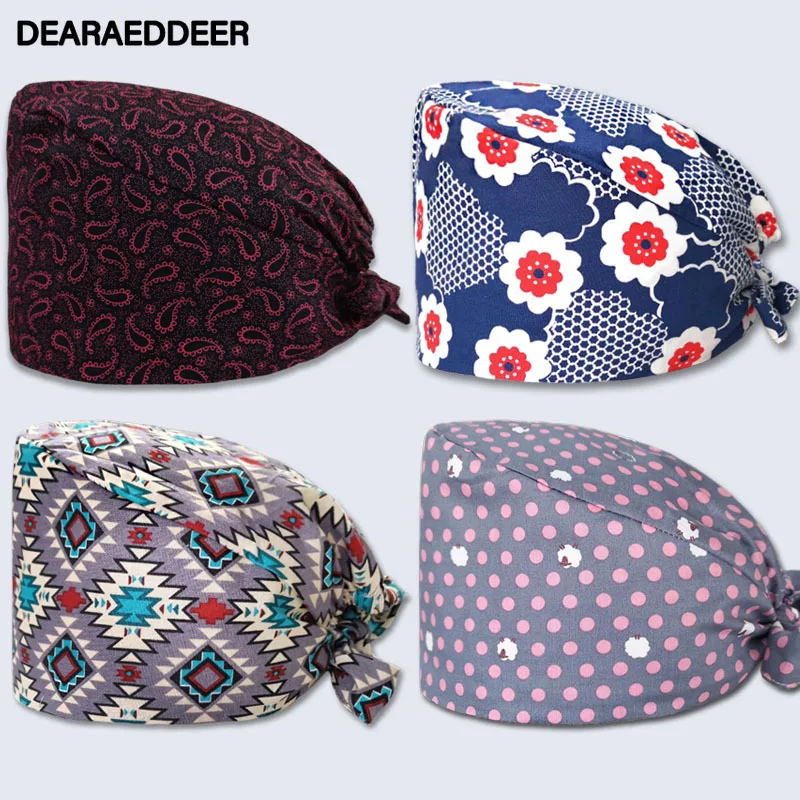 

Printed Breathable Skull Medical Hat Pet Clinic Scrub Cap Cotton Anesthesiologist Work Female Health Service Nursing