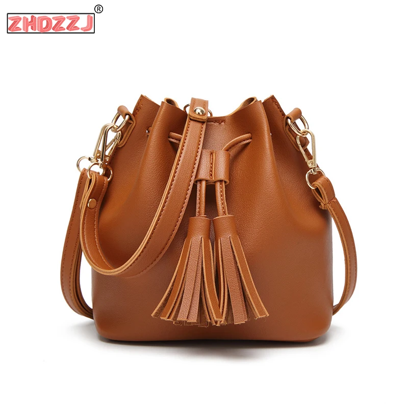 Горячая Распродажа женская сумка кожаная мешок на шнурке чистый цвет через плечо