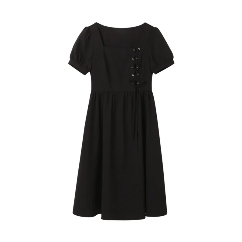 

New Style Summer Black Dress Long A-line Tea Break Skirt Niche French First Love Female High Waist Square Neck Puff Sleeve