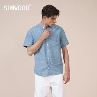 simwood 2021 summer new cotton linen shorts sleeve shirts men breathable comfortable collarless vertical striped shirts sk130397