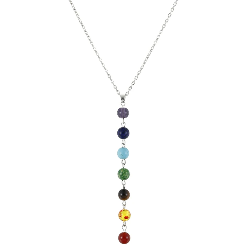 

Simple Style 7 Chakra Multicolor Natural Stone Beads Pendant Necklace Long Chain For Women Charm Collier Collares Yogo Jewelry