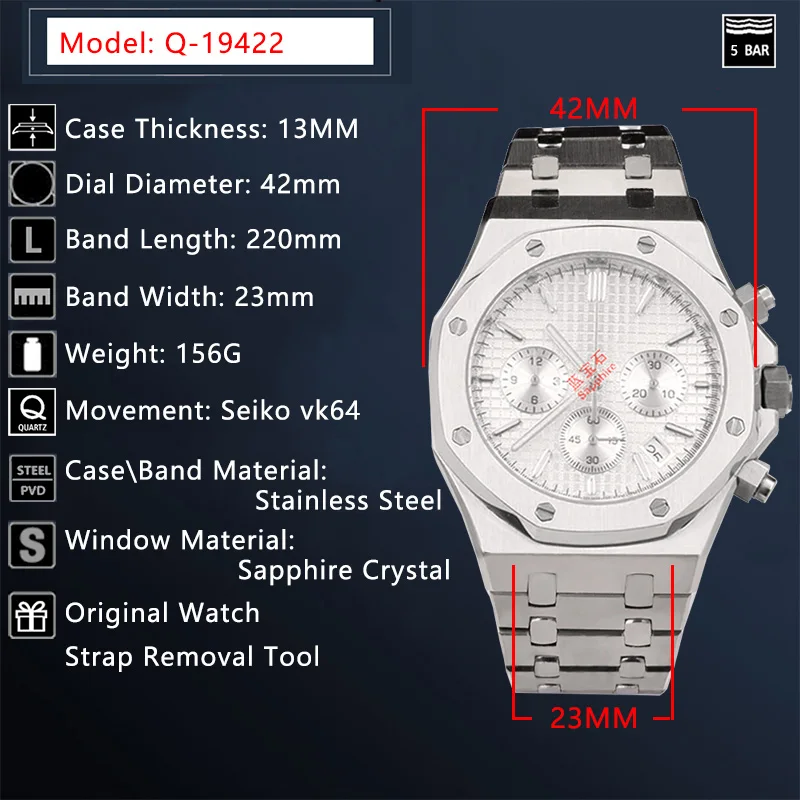 Мужские часы кварцевый хронограф Королевский 42 мм Oak Seiko Movt чехол из нержавеющей