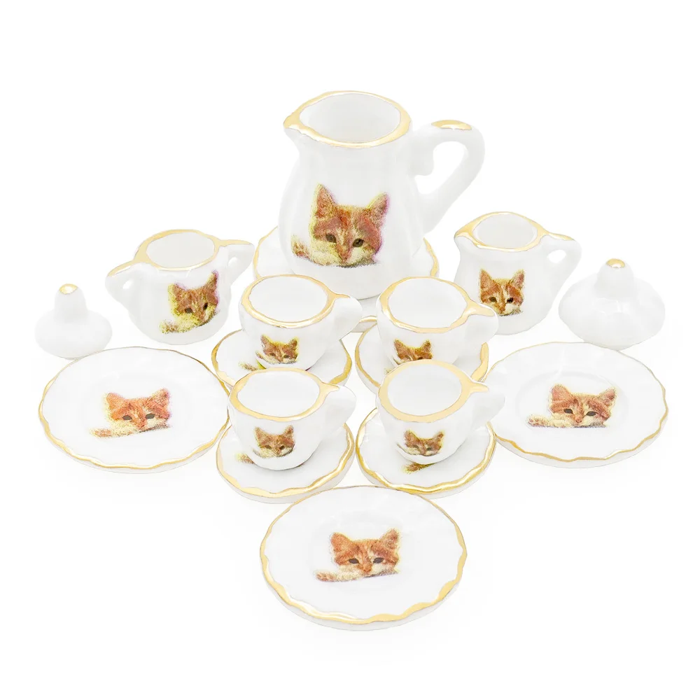 Lovely Cat Odoria 1:12, миниатюрный набор фарфоровых чайных чашек 15 шт., чайный набор, чайный набор с цветами, посуда для кухни, кукольный домик(14 узоров на ваш выбор - Цвет: Lovely Cat