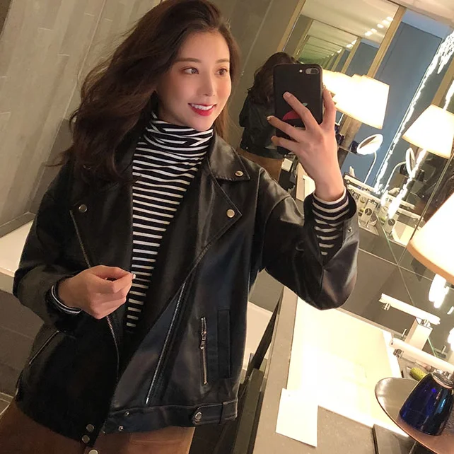 

GOOHOJIO 2020 New Oversized Black Biker Motorcycle Coat Women Vintage Loose Faux Leather Jacket Women Autumn PU Punk Streetwear