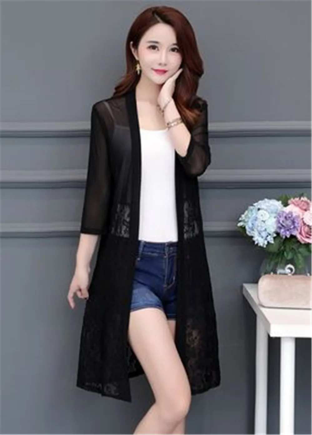 Женский кружевной кардиган с длинным рукавом розовый черный красный белый