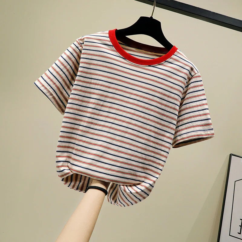 Футболка в полоску из 100% хлопка для женщин Harajuku летняя футболка с коротким