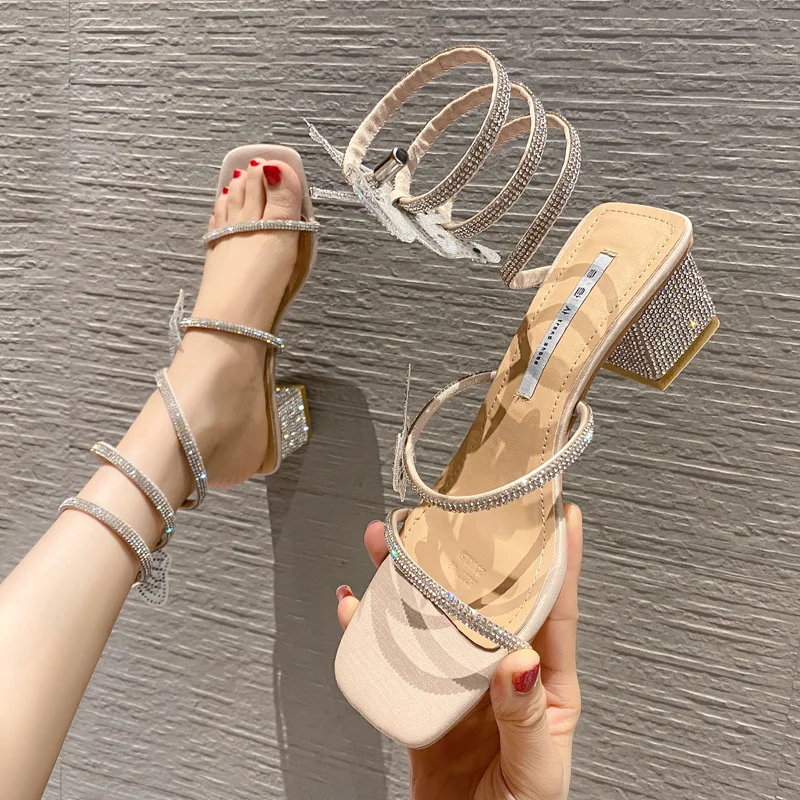 

Rhinestone Square Head sandals women's new summer Bow Elastic Bandage high heels women's thick heel fashion heels
