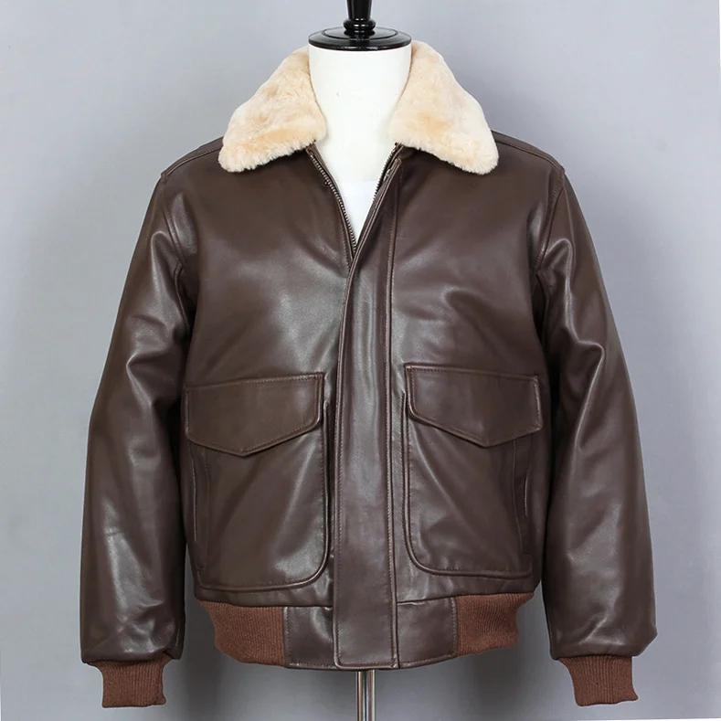 Куртка-бомбер мужская из натуральной овечьей кожи с меховым воротником | Мужская