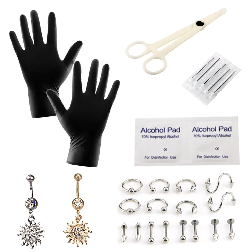27Piece Disposable Piercing Kit Rabbit Belly Maker With Sterile Needle Machine Gloves For Nose Ear Lip Pircing Tool Set | Украшения и