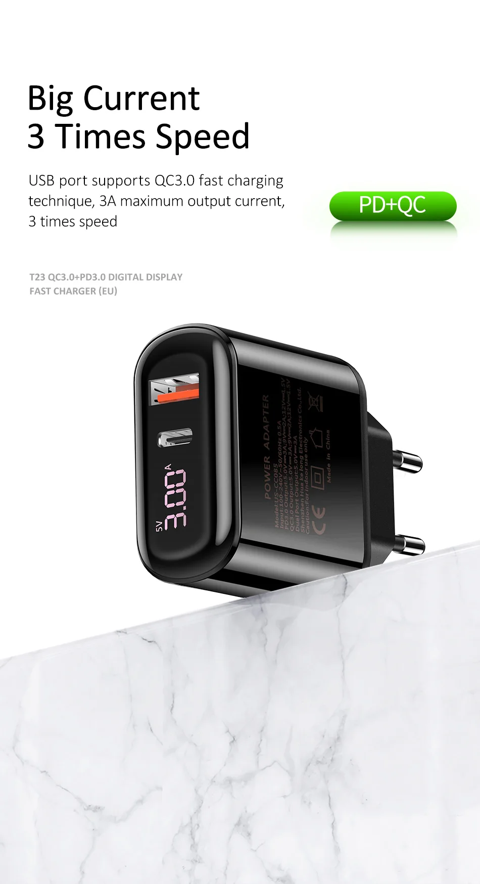 USAMS Quick Charge 3,0 USB зарядное устройство светодиодный дисплей 18 Вт QC3.0 PD 3,0 быстрое зарядное устройство для iPhone iPad Pro двойные порты, для мобильных телефонов зарядное устройство