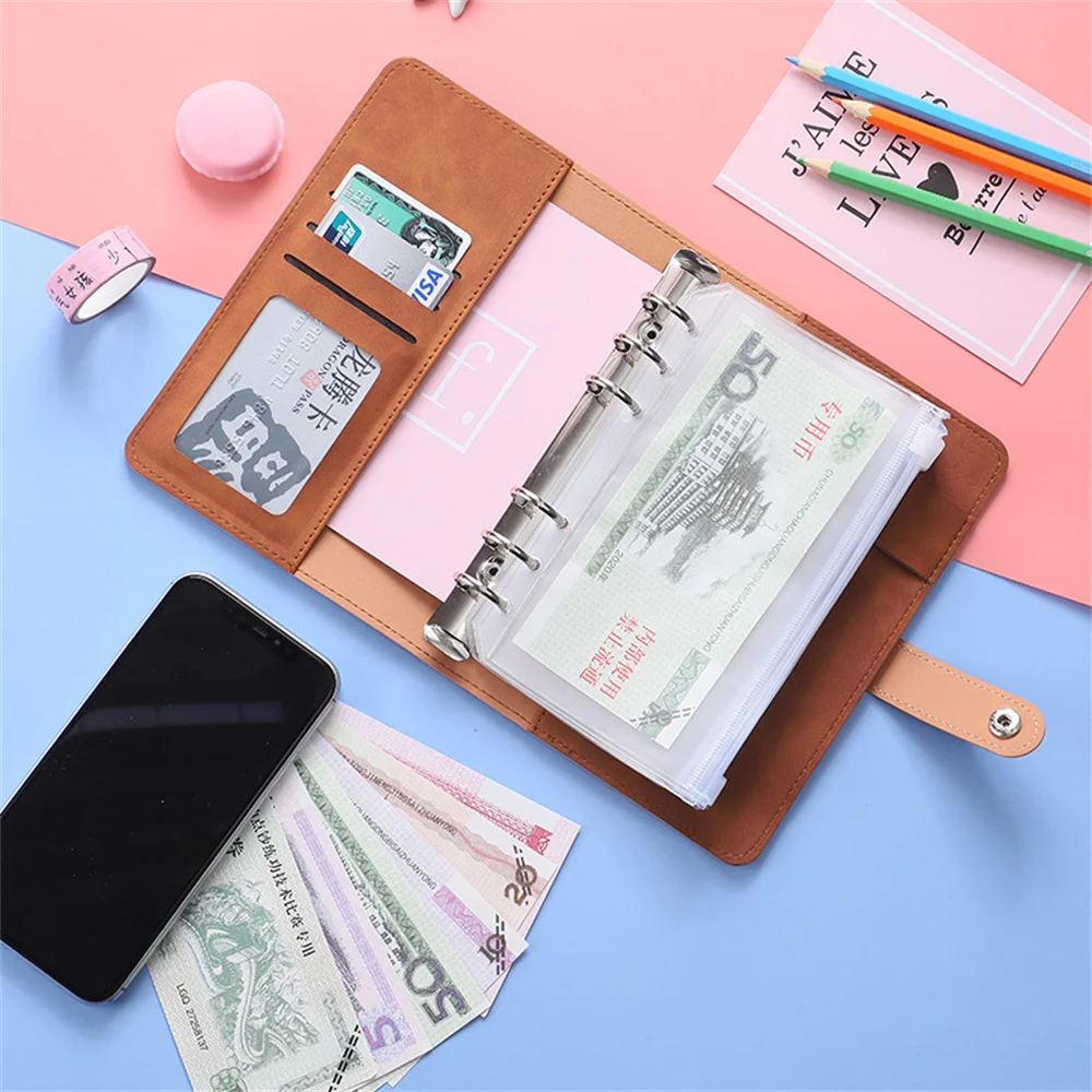 

A6 Macaron Leather Notebook Binder Can Be Filled With 12 Loose-leaf Zipper Bags Bill Change Storage Book Office School Supplies