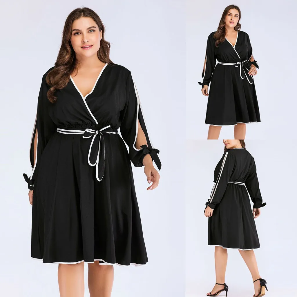 Женское платье на шнуровке Womail черное до колена с длинным рукавом и завышенной