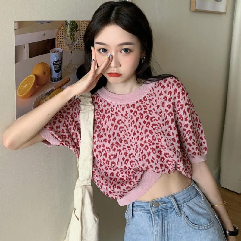 

Vintage Leopard Knitted Girl Summer Pullovers Cropped Bare Midriff Korea Short Sleeve Slim Sweater