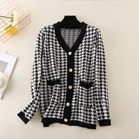 women houndstooth sweater cardigan 8 colors v neck long sleeve knitted tops autumn female vintage loose coat