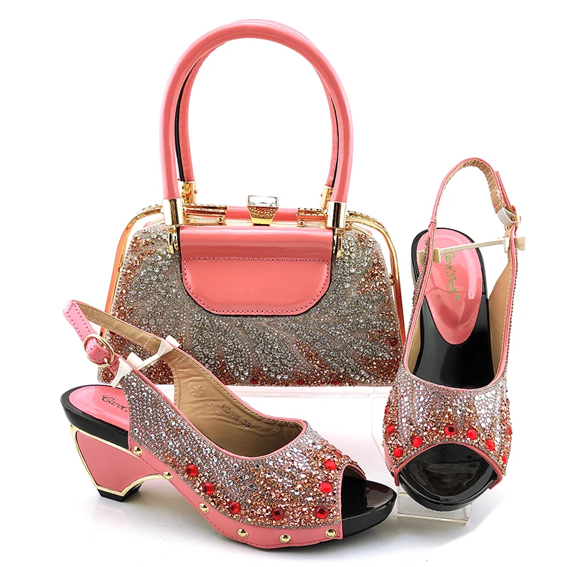 

2021 Peach African Women Italian Sandals Shoes And Bag Set Rhinestones Pumps With Shoulder Handbag MD016 Heel Height 7.5cm