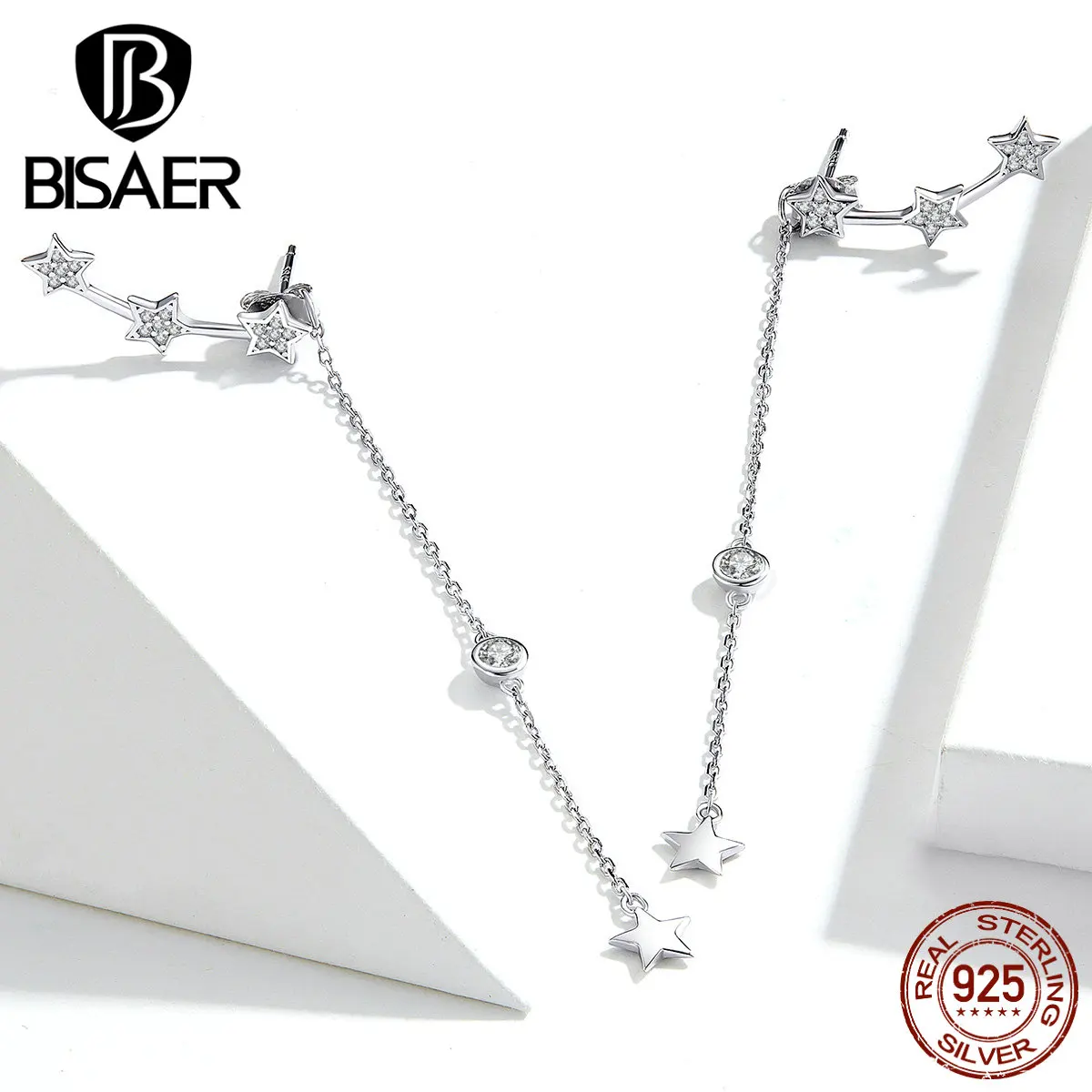 Серьги с кисточками BISAER 925 пробы серебро светящаяся звезда длинная цепочка