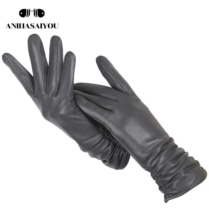 Dark gray Классические плиссированные кожаные перчатки женские цветные перчатки из натуральной кожи женские зимние перчатки из натуральной овечьей кожи женские-2081 - Цвет: Dark gray