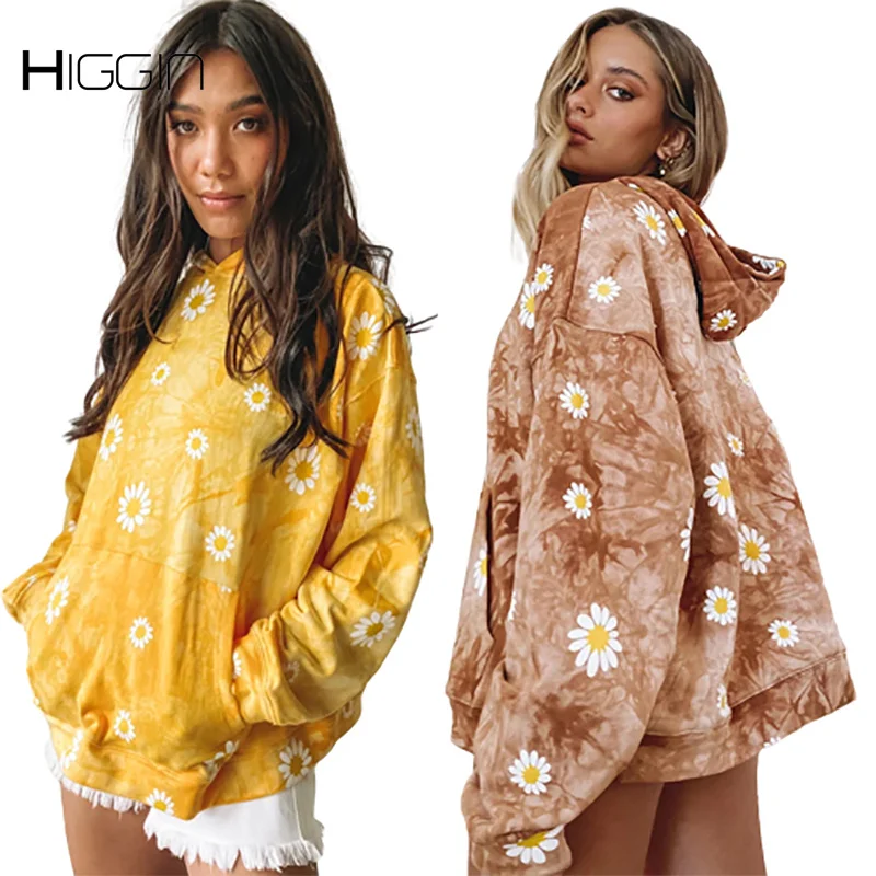 

Модные женские толстовки с принтом на осень, свободные пуловеры оверсайз с рисунком маргариток, топы с капюшоном и спущенными плечами в сти...