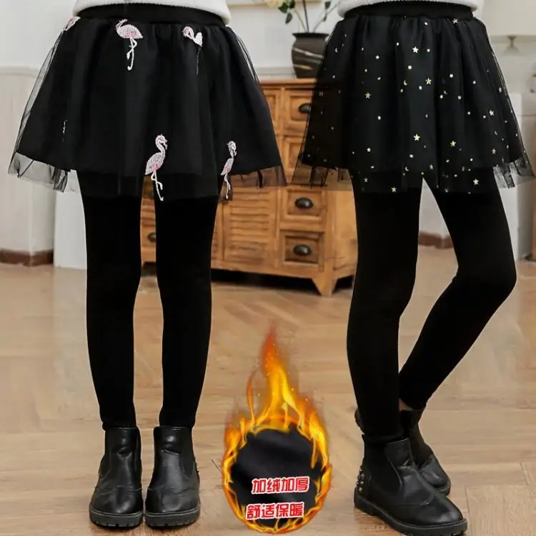 Зимние хлопковые плотные леггинсы с юбкой для девочек черные высокой талией и