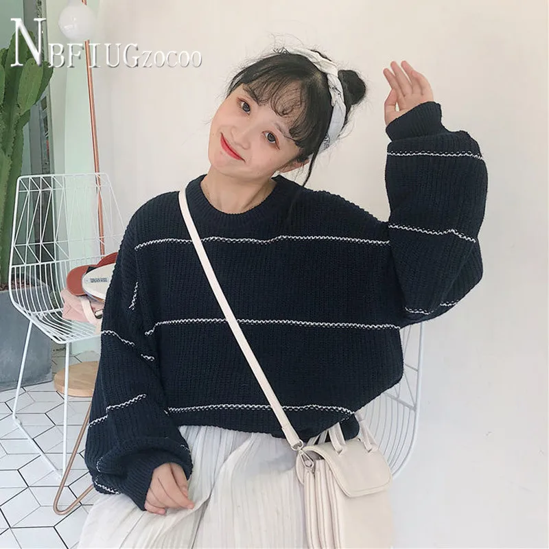 

2020 Basic Round Neck Pull Jumpers European Casual Stripe Pullovers Korean Tops