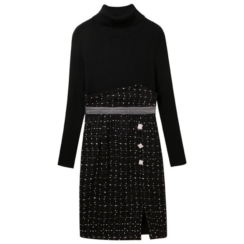 

Autumn New Women Sexy Wrap Pencil Dress Turtleneck Knitwear Long Sleeve Plaid Crystal Knee Length Office Ladies Slim Fit Dresses