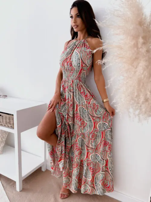 

2021 Women Summer Backless Halter Dress Printing Sleeveless Long Dress Bohemian And Beach Style For Girls