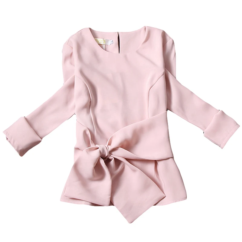 

bow chiffon women blouse 2020 summer new solid pink long-sleeved slim lady lady elegant pulls outwear tops