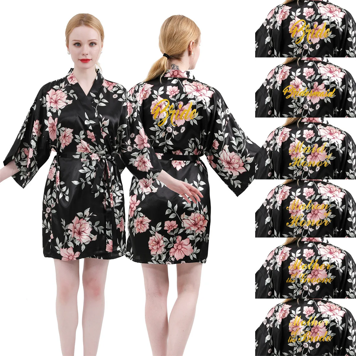 

Black Print Women Bridal Dressing Robe Gown Bridesmaid Sisters Rayon Kimono Bathrobe Loose Sexy V-Neck Short Sleepshirt One Size