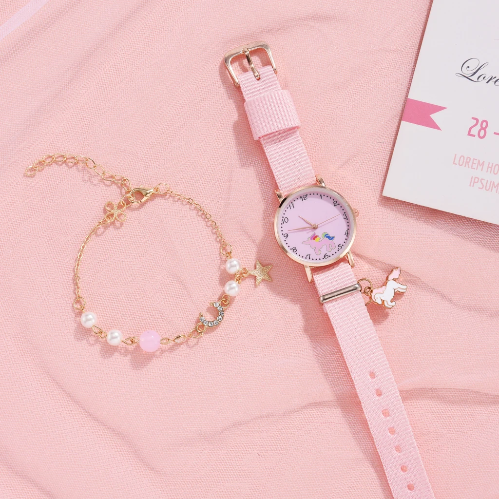 

Fashion Girl Women Watch Cartoon Flowers Pink Ladies Bracelet Watch Set Cute Student Quartz Watch Montre Femme Zegarek Damski