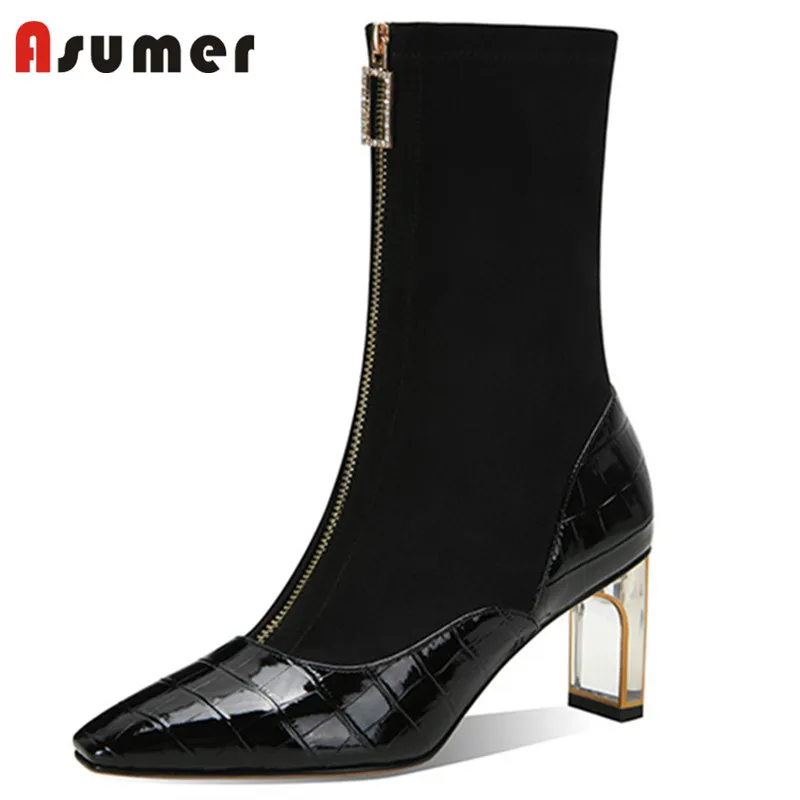 

Asumer 2022 Hot Sale Genuine Leather + Stretch Flock Ankle Boots Women Shoes Crystal High Heels Autumn Winter Boots Female