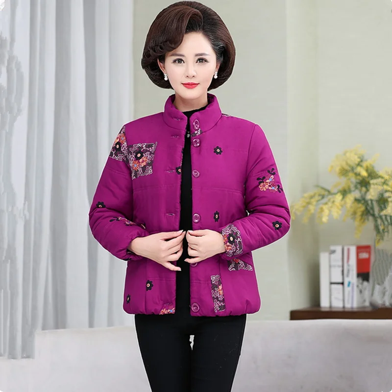 UHYTGF Winter Cotton Coat Women Fashion Print Thicken Warm Parker Coat Female Casual Mom Short Jacket 5XL Loose Size Overcoat 29