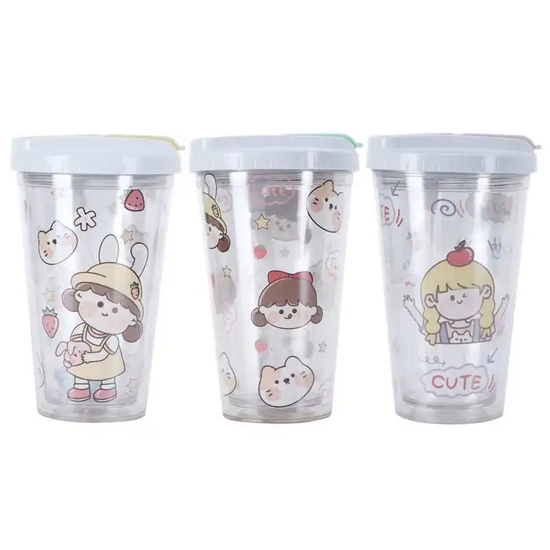 Пластиковая чашка для воды с милым мультяшным рисунком и соломенной чашкой