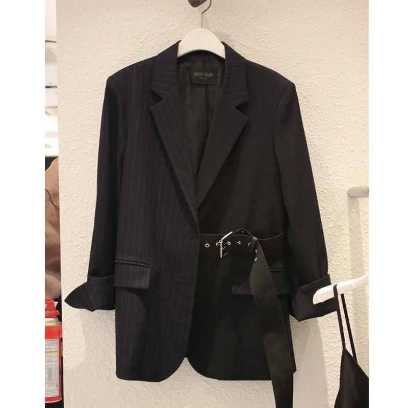 Женский однобортный полосатый блейзер с длинным рукавом поясом универсальный