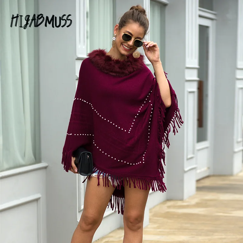 

Autumn And Winter New Women Casual Long-sleeved Pullover Fringed Shawl Shawl Fur Collar Beaded Plus Size Ladies Sweater