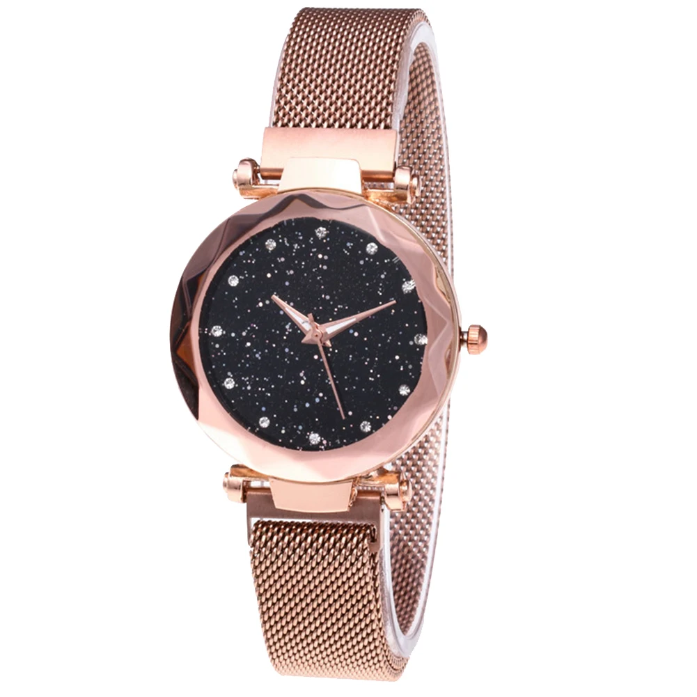 Rose Gold Кварцевый механизм электронный Повседневный Бизнес звезда циферблат сетка Группа женщин смотреть Магнитная застежка Подарки Аналоговые блестящие батарея питание - Цвет: Rose Gold
