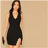 SHEIN Black Scallop Trim Slit Thigh Fitted Dress Women Summer Autumn Slim Sexy Night Out Sleeveless Pencil Mini Party Dresses