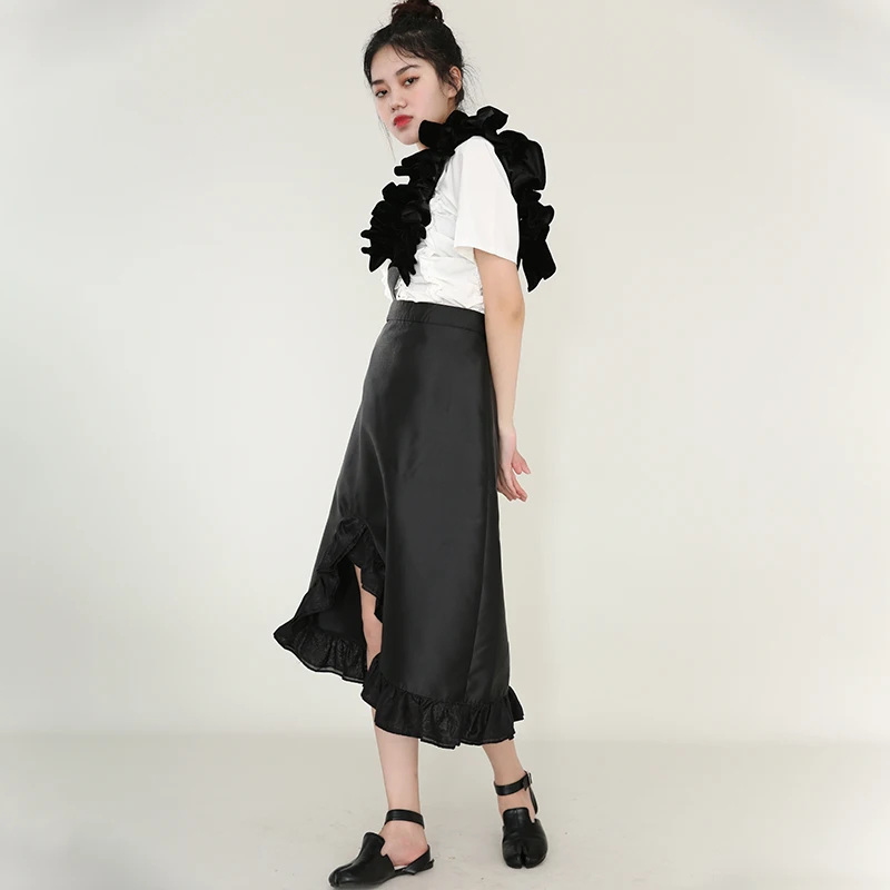 

[EAM] Asymmetrical Ruffles Spliced Black Long High Waist Half-body Skirt Women Fashion Tide New Spring Autumn 2021 1DD388701