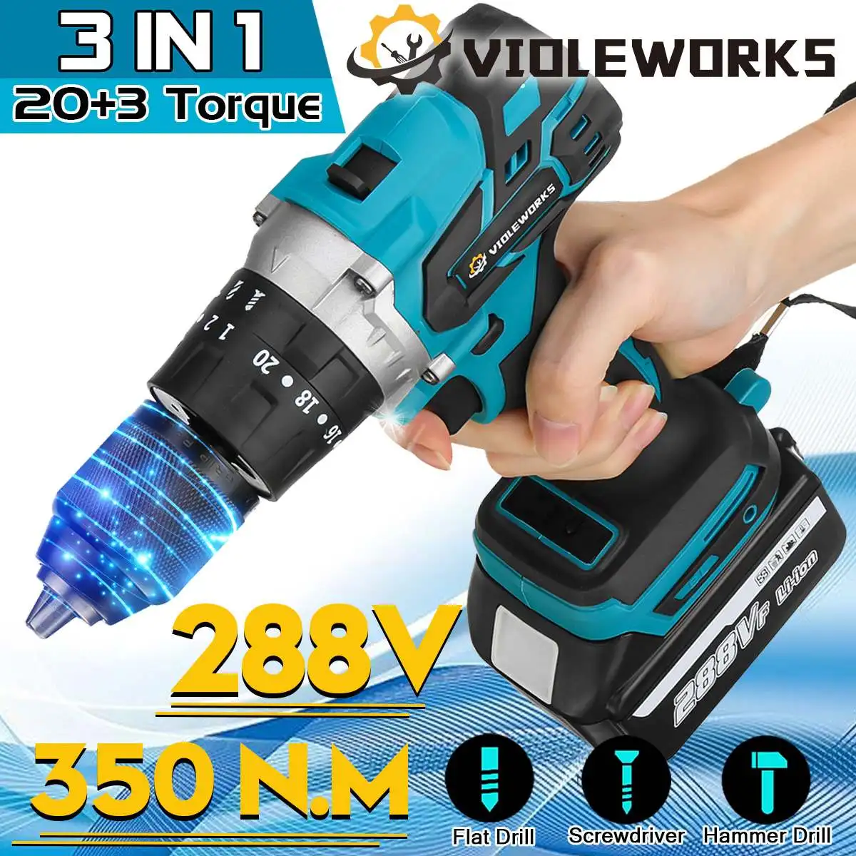 

288V 3 In 1 Brushless Electric Drill Screwdriver Variable Speed 20+3 Torque Cordless Hammer Impact Drill for Makita Battery 18V