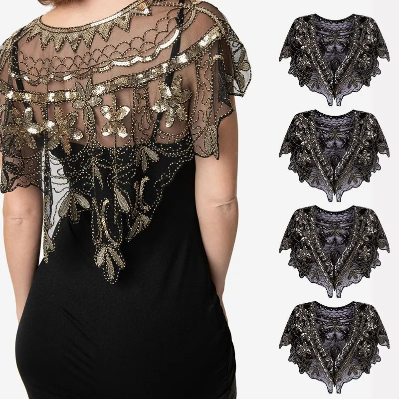Black gold shawl Gatsby вечерние накидка, расшитая бисером винтажные 1920s шаль Короткая Свадебная обертка арт-деко Блестки из бисера вечерняя накидка Болеро флаппер накидка летняя накидка - Цвет: Black gold shawl