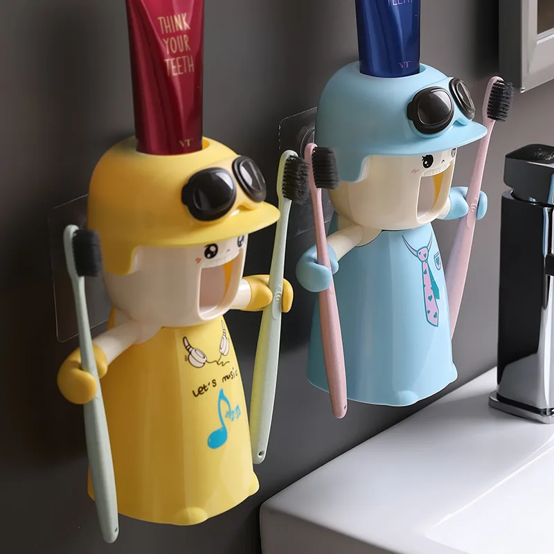 

Toothpaste Squeezer Mouthwash Set Toothbrushing Cup Wall-Mounted Cartoon Toothholder Cute Children's Products Couple's Gift