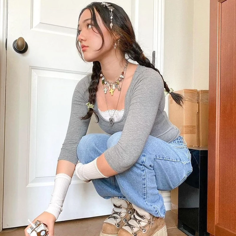 Кружевные лоскутные Топы Kawaii Y2K эстетичные базовые облегающие укороченные