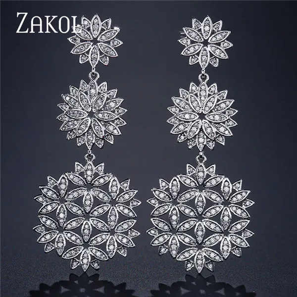 Sliver Color ZAKOL, роскошные серьги-капли с цирконием, с микро покрытием, с большим цветком, модные длинные висячие серьги для невест, свадебные ювелирные изделия, FSEP2137 - Окраска металла: Sliver Color