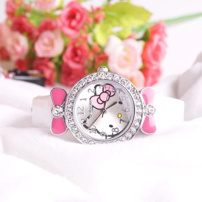 Часы hello kitty KT hello kitty с кожаным ремешком, наручные часы, детские настольные модные часы - Цвет: Белый