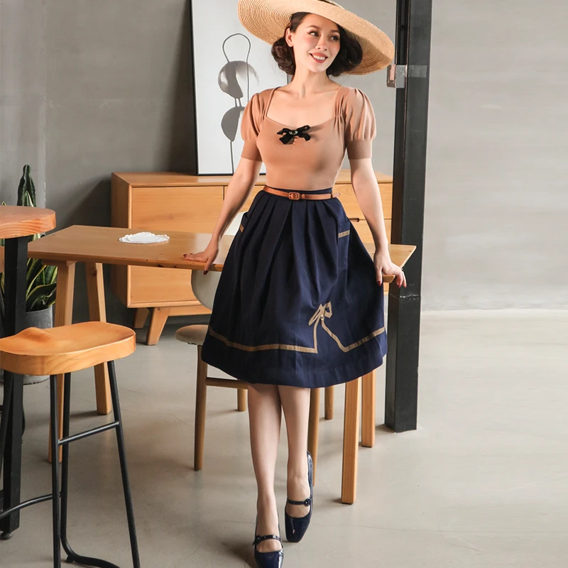 Женская винтажная хлопковая юбка до колен с высокой талией|Женские юбки| |