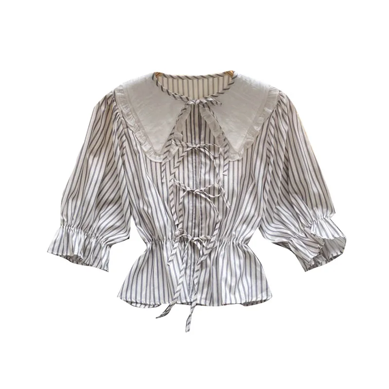 

2021 Summer Sweet Blouse Female Doll Collar Wood Ears Contrast Stitching Striped Shirt Blusa Bandage Cropped Top DK1100