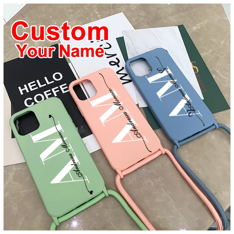 

Custom Initials Phone Case For iPhone 11 12 Pro X XR XS 7 8 Plus Crossbody Lanyard Couple Love With Rope letter Silicone Cover
